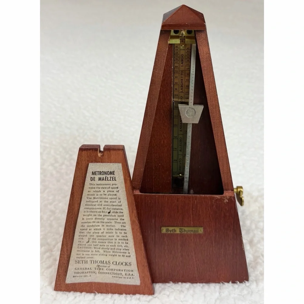 (VTG) SETH THOMAS • Brown Wooden Pyramid Wind-Up Metronome w/ Cover (Working) - Picture 16 of 16